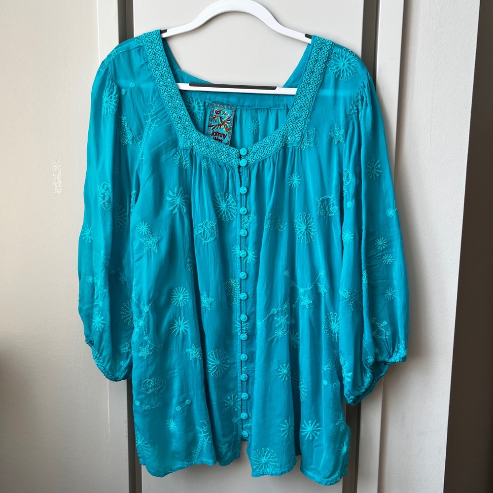 JOHNNY WAS Peasant Style Turquoise Top Size XL
